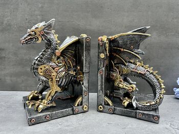 Pair Of Steampunk Dragon Bookends – Silver And Gold Retro, 8 of 12