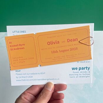 Colourful, Fun Ticket Style Alternative Wedding Invitation, 3 of 5