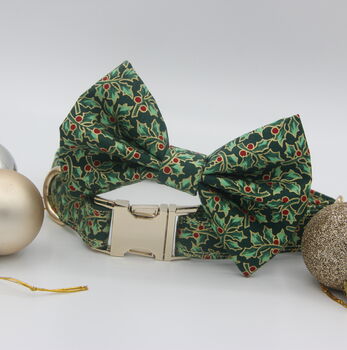 Green And Gold Holly Christmas Dog Bow Tie, 11 of 12