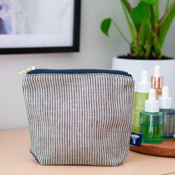 Striped Blue/Natural Linen Make Up Bag, 2 of 3