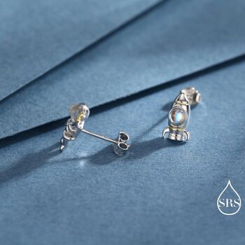 Mismatched Astronaut And Rocket Stud Earrings In Sterling Silver With Simulated Moonstone, 5 of 11