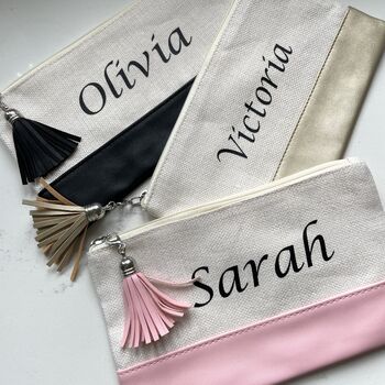 Personalised Tassel Canvas And Faux Leather Cosmetic Bags, 3 of 5