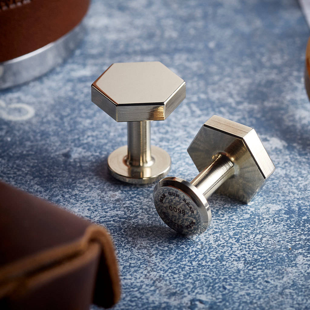 Image of Bill Hexagon Bronze Cufflinks With Personalised Pouch