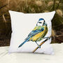 Inky Blue Tit Water Resistant Outdoor Garden Cushion, thumbnail 2 of 8