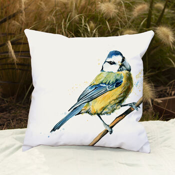 Inky Blue Tit Water Resistant Outdoor Garden Cushion, 2 of 8