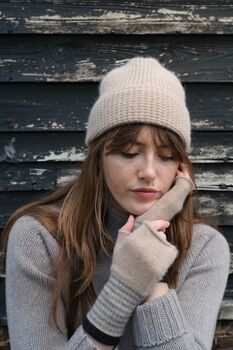 Natural Fossil Angora Fingerless Mittens, 2 of 4