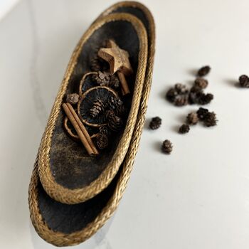 Pair Of Vintage Hand Carved Wooden Bowls Rattan Trim, 2 of 9