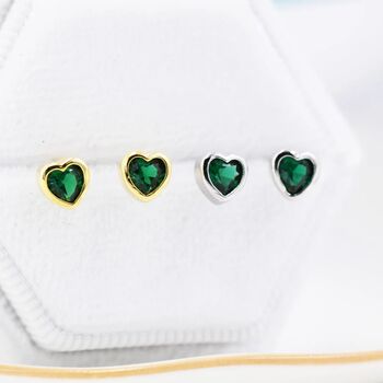 Tiny Emerald Green Cz Heart Stud Earrings, 2 of 12