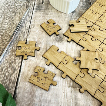 Personalised Oak Jigsaw Wedding Alternative Guestbook 82 Pieces, 3 of 6