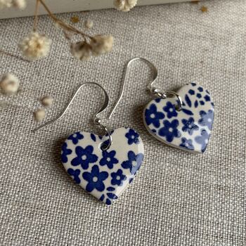 Blue Flower Ceramic Heart Earrings, 5 of 10