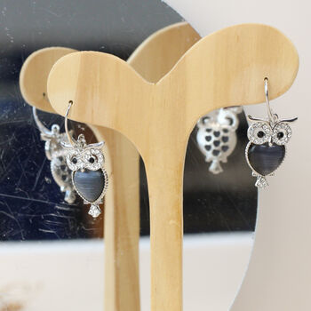 Zircon Moonstone Owl Earrings Gold/Silver Plated, 7 of 8