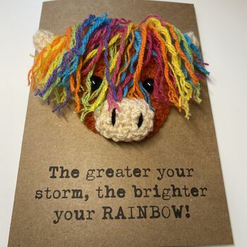 Rainbow Highland Cow Crochet Positivity Card Handmade Storm, 6 of 9