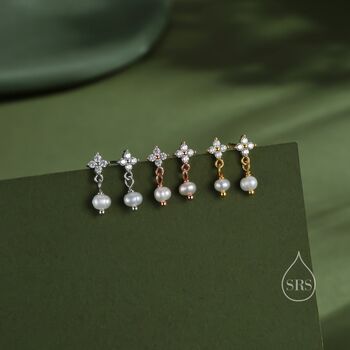 Genuine Pearl And Hydrangea Flower Cz Drop Earrings, 4 of 12