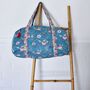 Block Printed Inky Blue And Pink Floral Stripe Quilted Duffle Bag, thumbnail 6 of 7