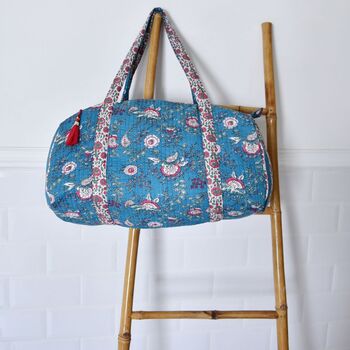 Block Printed Inky Blue And Pink Floral Stripe Quilted Duffle Bag, 6 of 7