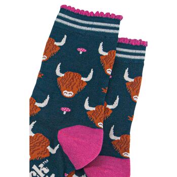Highland Cow Autumn Leaves Toadstools Bamboo Ankle Socks Women's Green, 3 of 4