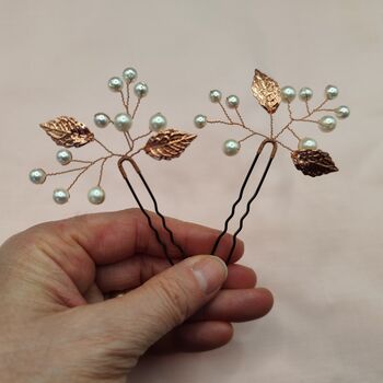 Copper Leaf Hair Pin With Pearls Perfect For Weddings, 7 of 10