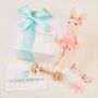 Crochet Bunny And Wooden Baby Rattle Gift Box, thumbnail 1 of 12