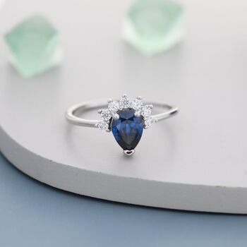 Pear Cut Sapphire Blue Cz Crown Ring In Sterling Silver, 6 of 12