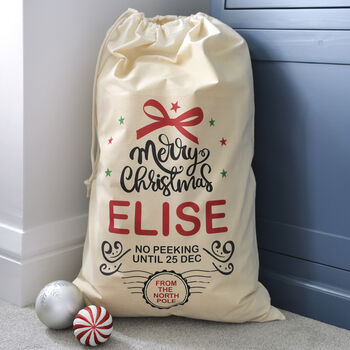 Personalised Christmas Bow Cotton Sack, 2 of 2