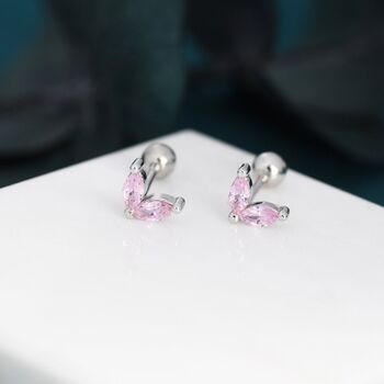 Sterling Silver Rose Pink Cz Marquise Leaf Duo Barbell Earrings, 4 of 12