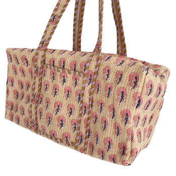 Block Print Flower Cotton Weekend Duffle Bag, 3 of 8