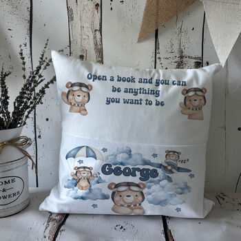 Personalised Teddy Bear Pocket Pillow, Kids Reading Cushion, 2 of 3
