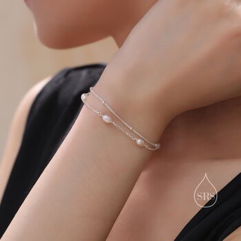 Sterling Silver Double Layer Oval Pearl Beaded Bracelet, 7 of 12