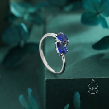Sterling Silver Toi Et Moi Pear Cut Sapphire Blue Cz Open Ring, 2 of 12