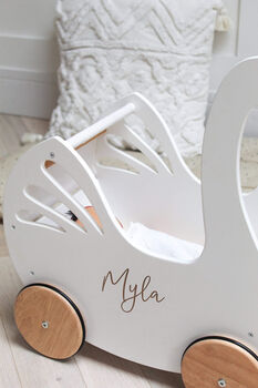 Personalised Kids Swan Wooden Push Along Toy Pram, 8 of 12