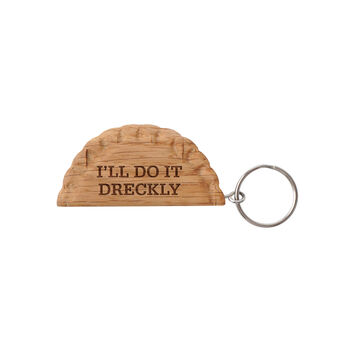 Cornish Gifts 'Dreckly' Oak Cornish Pasty Keyring, 2 of 2