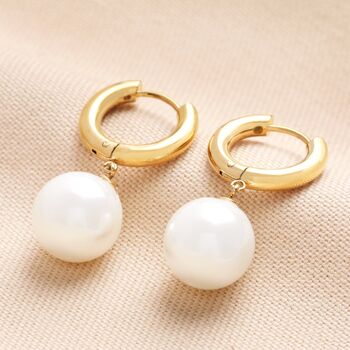 Gold Stainless Steel Large Pearl Drop Huggie Hoop Earrings, 2 of 4