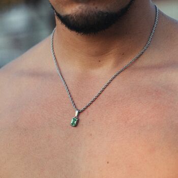 Silver Green Diamond Gem Pendant Necklace For Men, 10 of 12