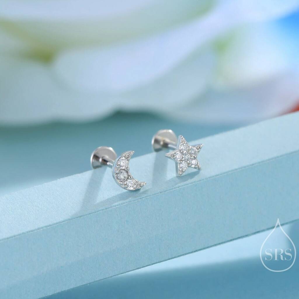Tiny Mismatched Moon And Star Internally Threaded Flat Back Earrings In Sterling Silver, 1 of 11