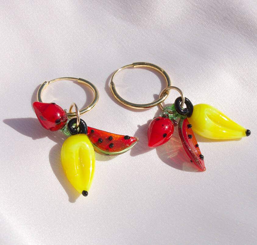 Mixed Colourful Glass Fruit Charm Hoop Earrings, 1 of 3