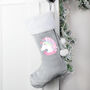 Christmas Unicorn Luxury Silver Grey Stocking, thumbnail 3 of 4