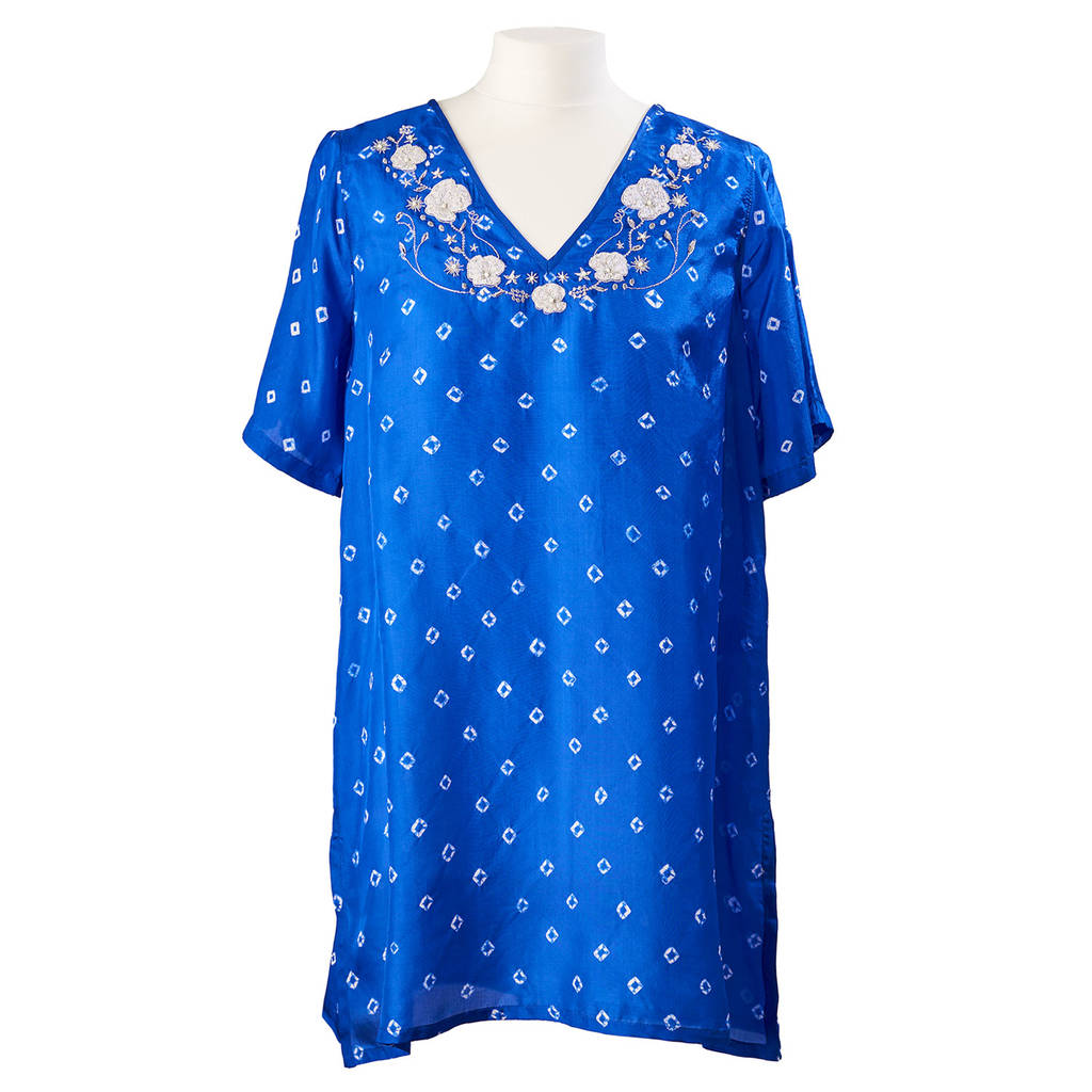 Blue Luxury Silk Embroidered Hand Dyed Tunic, 1 of 5