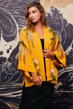 Wisteria And Chrysanthemum Mustard Embroidered Short Kimono, 2 of 8