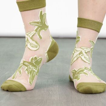 Sheer Pop Socks Ankle Highs Lily Floral Green, 2 of 3