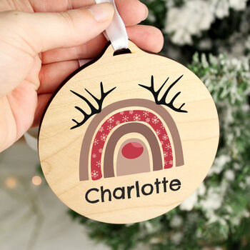 Personalised Rainbow Reindeer Round Wooden Decoration, 4 of 4