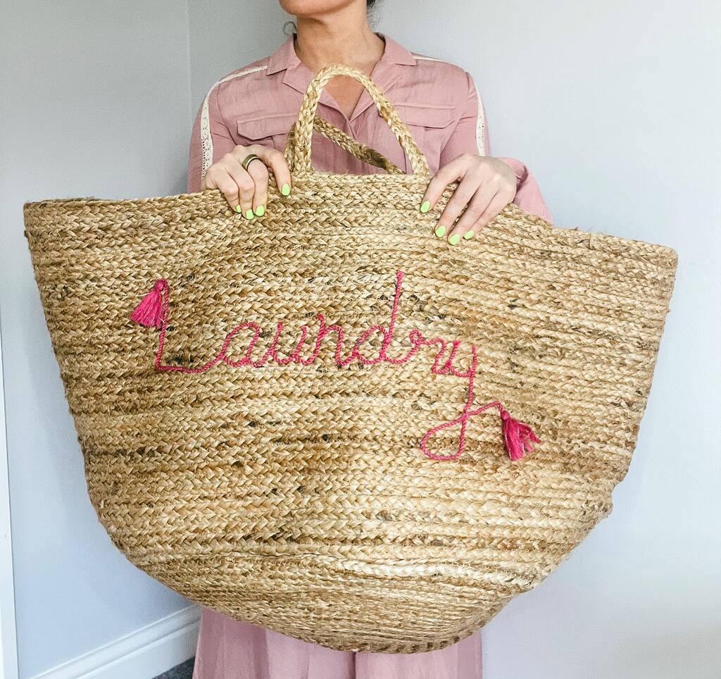 Handmade Jute Pink Laundry Bag By Bombaby