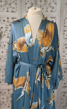 Ladies Luxury Bamboo Silk Kimono Robe Crane Bird Dusk Blue, 2 of 9