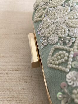 Mint Green Raw Silk Oval Pearl Clutch Bag, 8 of 8