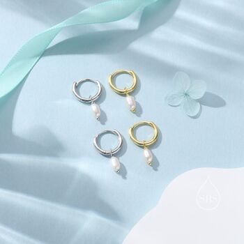 Sterling Silver Genuine Oval Pearl With Skinny Hoop Earrings, 5 of 11
