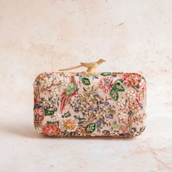 Mumbai Dreams Printed Nude Pink Bird Clasp Clutch, 2 of 5