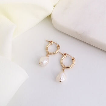 Pearl Drop Gold Hoop Earrings, 2 of 2