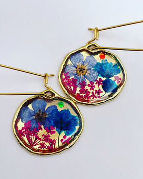 Gold Dangling Earrings With Blue Flowers, 2 of 9