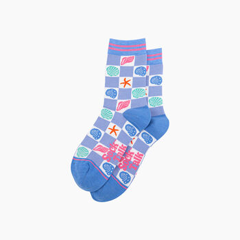 Seashell Checkerboard Bamboo Socks In Blue, 3 of 4