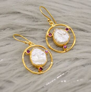 Pearl, Tourmaline Gold Plated Sterling Silver Earrings, 3 of 5