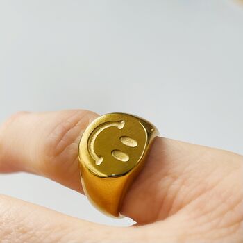 Smiley Gold Plated Stainless Steel Chunky Signet Ring, 2 of 4
